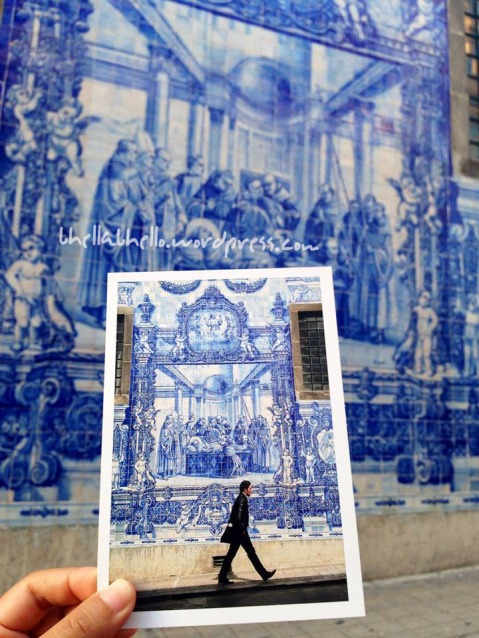 Postcard-ception #2: the Azulejos. Azul means blue in Portuguese and azulejos are the typical Portuguese blue tiles.